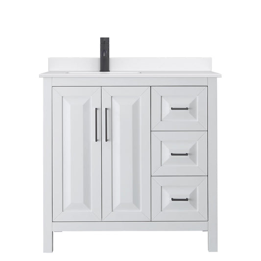Wyndham Collection Daria 36" Single Bathroom Vanity in White, White Quartz Countertop, Undermount Square Sink (1-Hole), Matte Black Trim