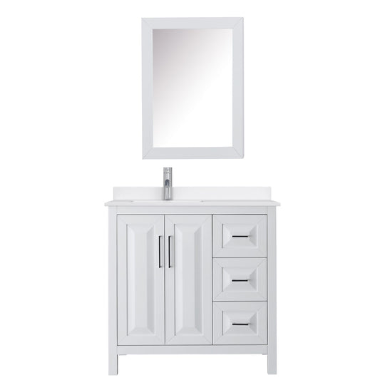 Wyndham Collection Daria 36" Single Bathroom Vanity in White, White Quartz Countertop, Undermount Square Sink (1-Hole), Polished Chrome Trim, Medicine Cabinet
