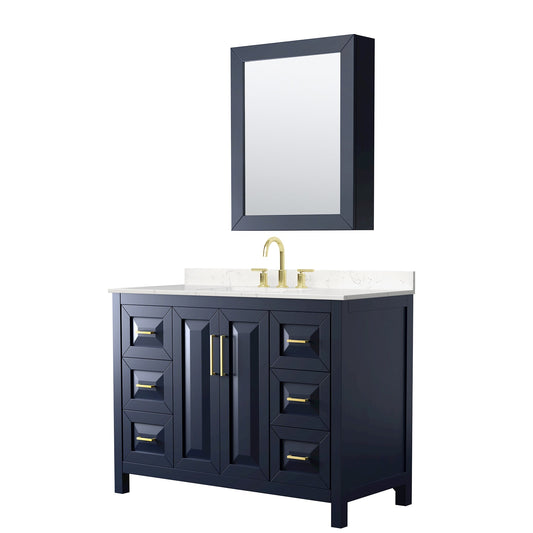 Wyndham Collection Daria 48" Single Bathroom Vanity in Dark Blue, Carrara Cultured Marble Countertop, Undermount Square Sink (3-Hole), Brushed Gold Trim, Medicine Cabinet