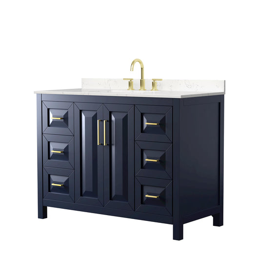 Wyndham Collection Daria 48" Single Bathroom Vanity in Dark Blue, Carrara Cultured Marble Countertop, Undermount Square Sink (3-Hole), Brushed Gold Trim