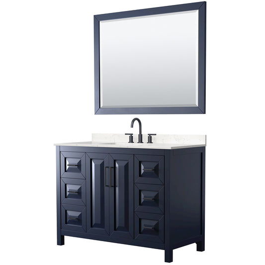 Wyndham Collection Daria 48" Single Bathroom Vanity in Dark Blue, Carrara Cultured Marble Countertop, Undermount Square Sink (3-Hole), Matte Black Trim, 46" Mirror