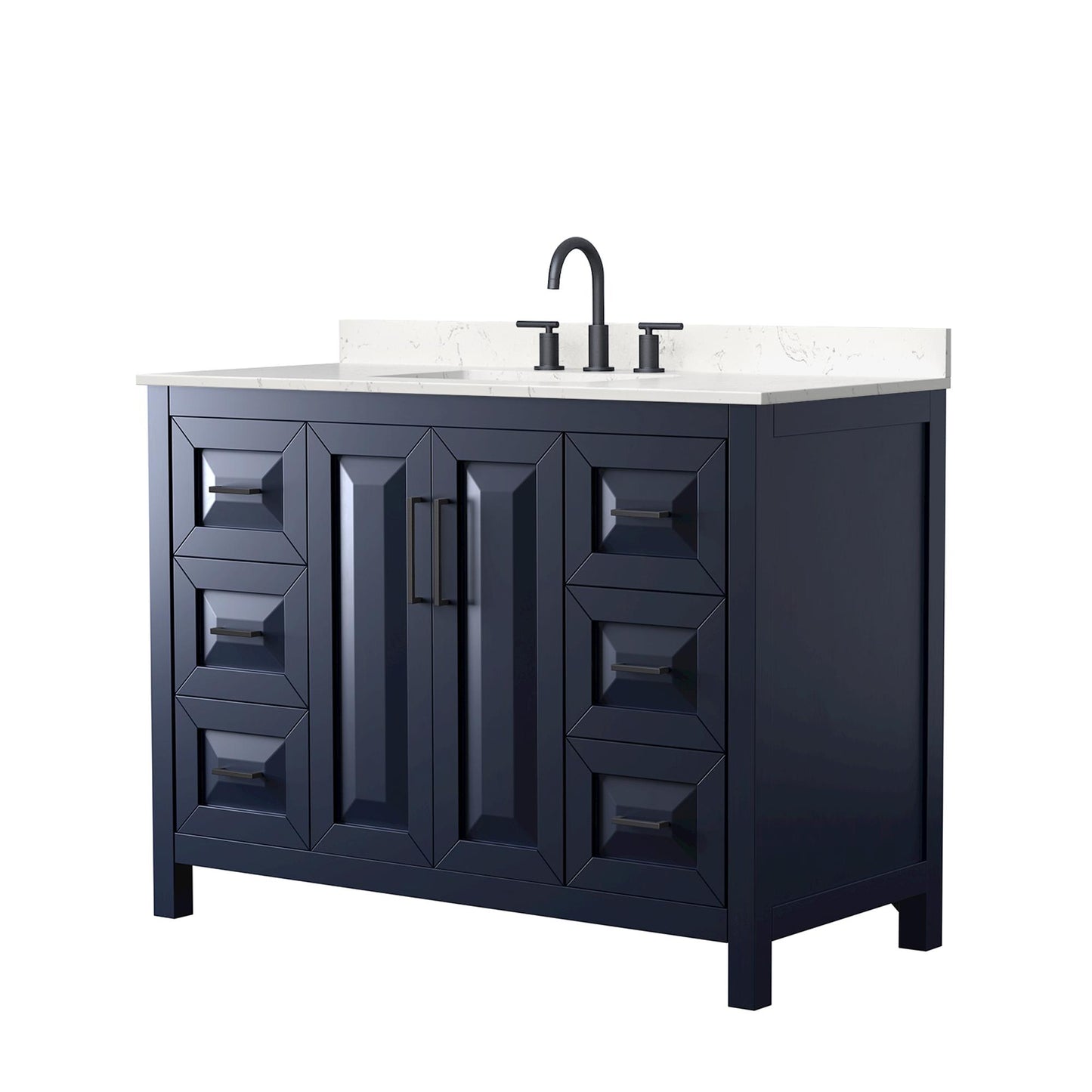 Wyndham Collection Daria 48" Single Bathroom Vanity in Dark Blue, Carrara Cultured Marble Countertop, Undermount Square Sink (3-Hole), Matte Black Trim