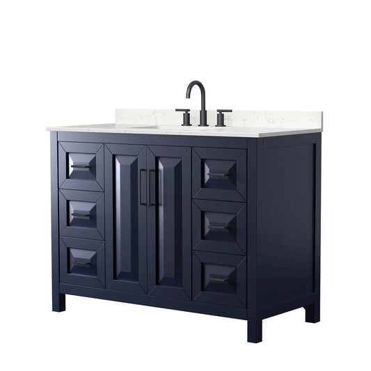 Wyndham Collection Daria 48" Single Bathroom Vanity in Dark Blue, Carrara Cultured Marble Countertop, Undermount Square Sink (3-Hole), Matte Black Trim