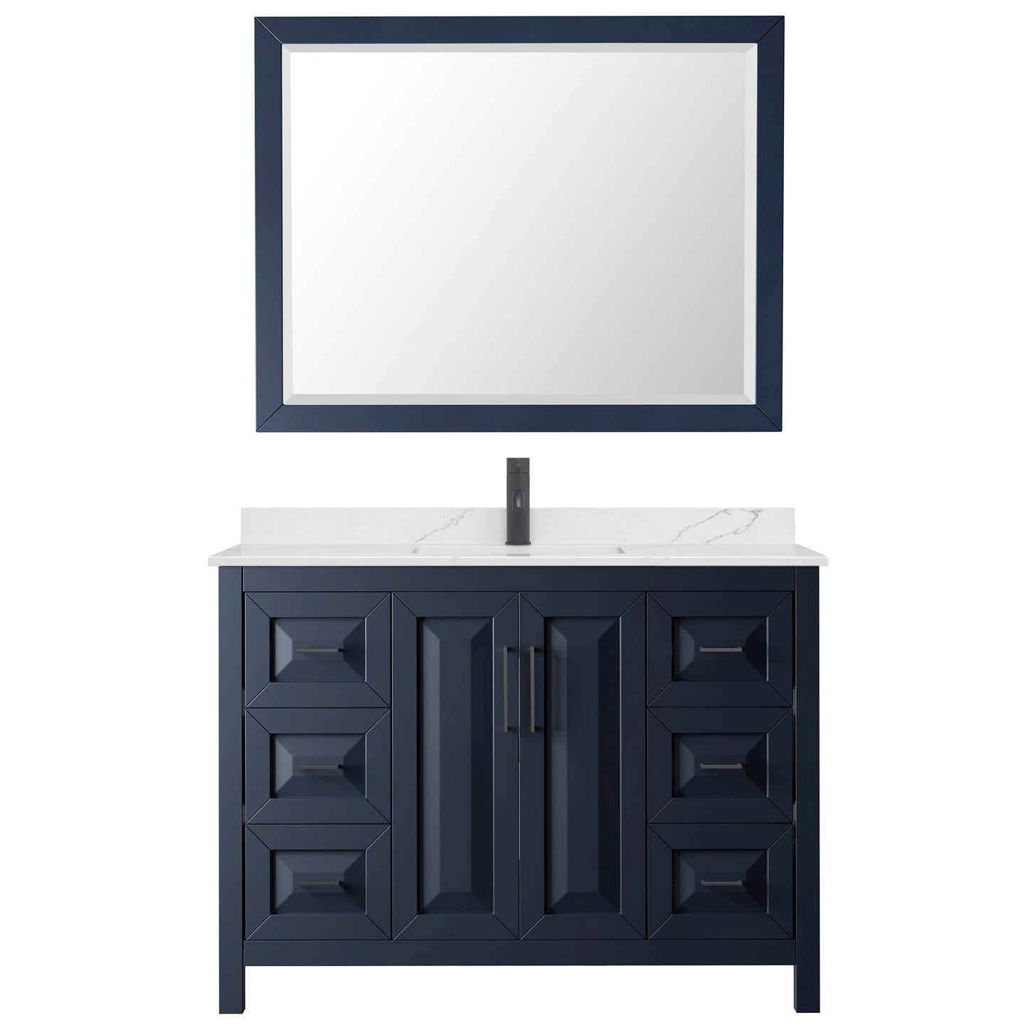 Wyndham Collection Daria 48" Single Bathroom Vanity in Dark Blue, Giotto Quartz Countertop, Undermount Square Sink (1-Hole), Matte Black Trim, 46" Mirror