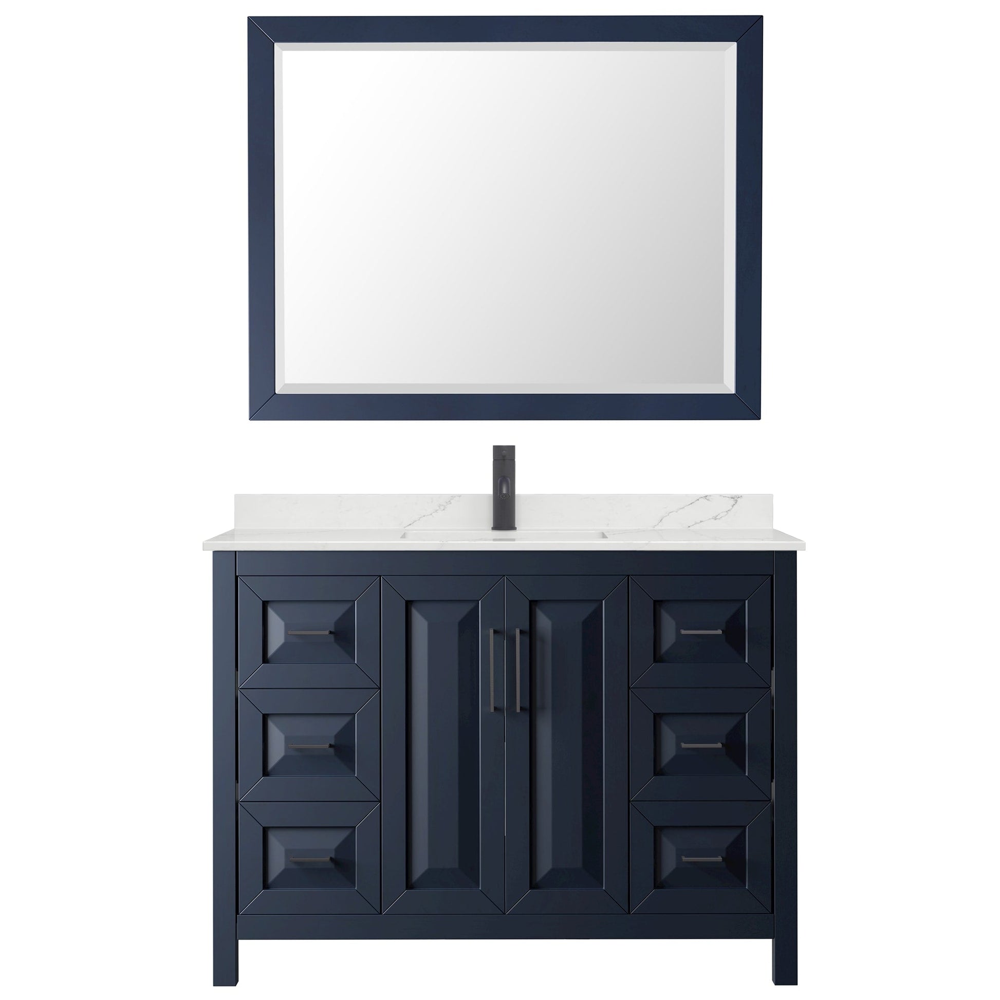 Wyndham Collection Daria 48" Single Bathroom Vanity in Dark Blue, Giotto Quartz Countertop, Undermount Square Sink (1-Hole), Matte Black Trim, 46" Mirror