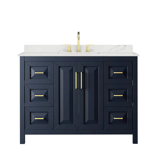 Wyndham Collection Daria 48" Single Bathroom Vanity in Dark Blue, Giotto Quartz Countertop, Undermount Square Sink (3-Hole), Brushed Gold Trim