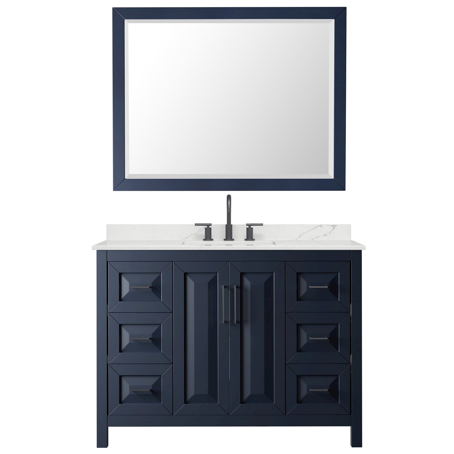 Wyndham Collection Daria 48" Single Bathroom Vanity in Dark Blue, Giotto Quartz Countertop, Undermount Square Sink (3-Hole), Matte Black Trim, 46" Mirror