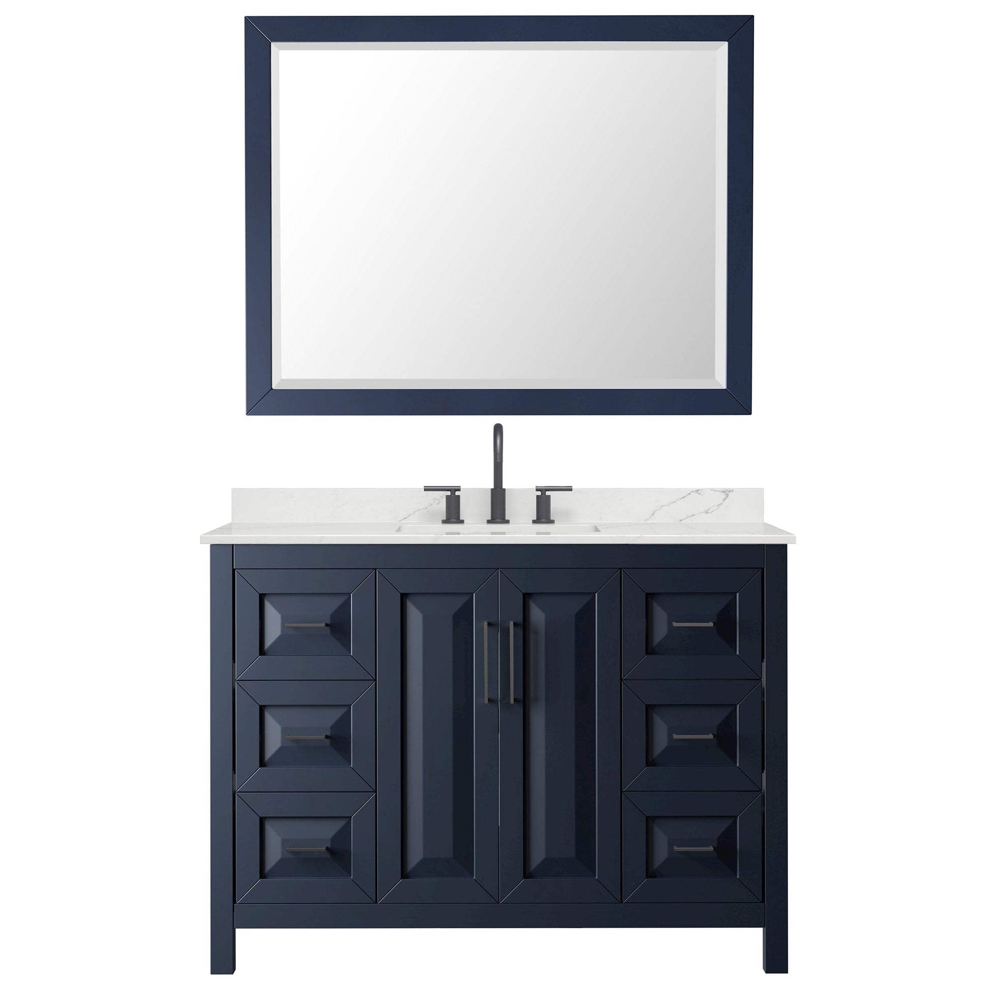 Wyndham Collection Daria 48" Single Bathroom Vanity in Dark Blue, Giotto Quartz Countertop, Undermount Square Sink (3-Hole), Matte Black Trim, 46" Mirror