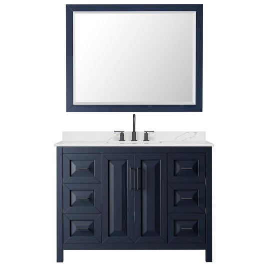 Wyndham Collection Daria 48" Single Bathroom Vanity in Dark Blue, Giotto Quartz Countertop, Undermount Square Sink (3-Hole), Matte Black Trim, 46" Mirror