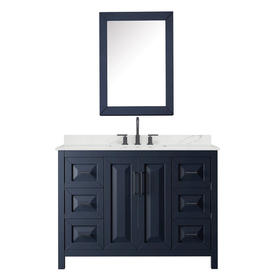Wyndham Collection Daria 48" Single Bathroom Vanity in Dark Blue, Giotto Quartz Countertop, Undermount Square Sink (3-Hole), Matte Black Trim, Medicine Cabinet