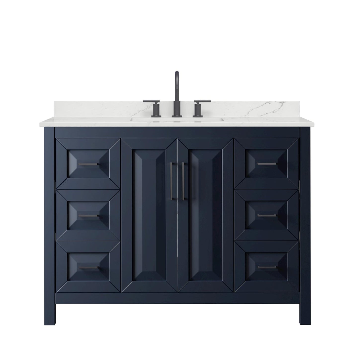 Wyndham Collection Daria 48" Single Bathroom Vanity in Dark Blue, Giotto Quartz Countertop, Undermount Square Sink (3-Hole), Matte Black Trim