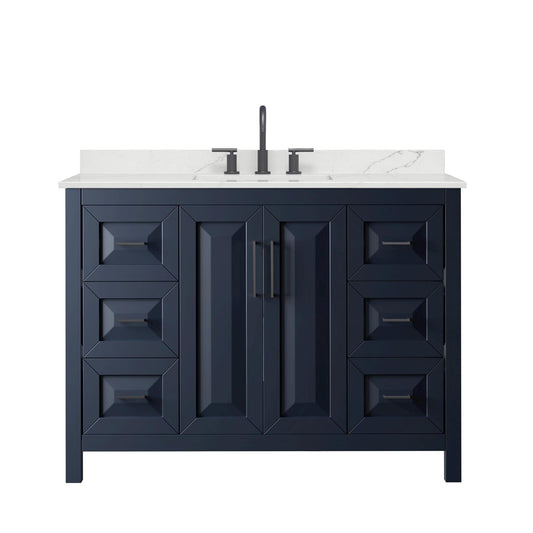 Wyndham Collection Daria 48" Single Bathroom Vanity in Dark Blue, Giotto Quartz Countertop, Undermount Square Sink (3-Hole), Matte Black Trim