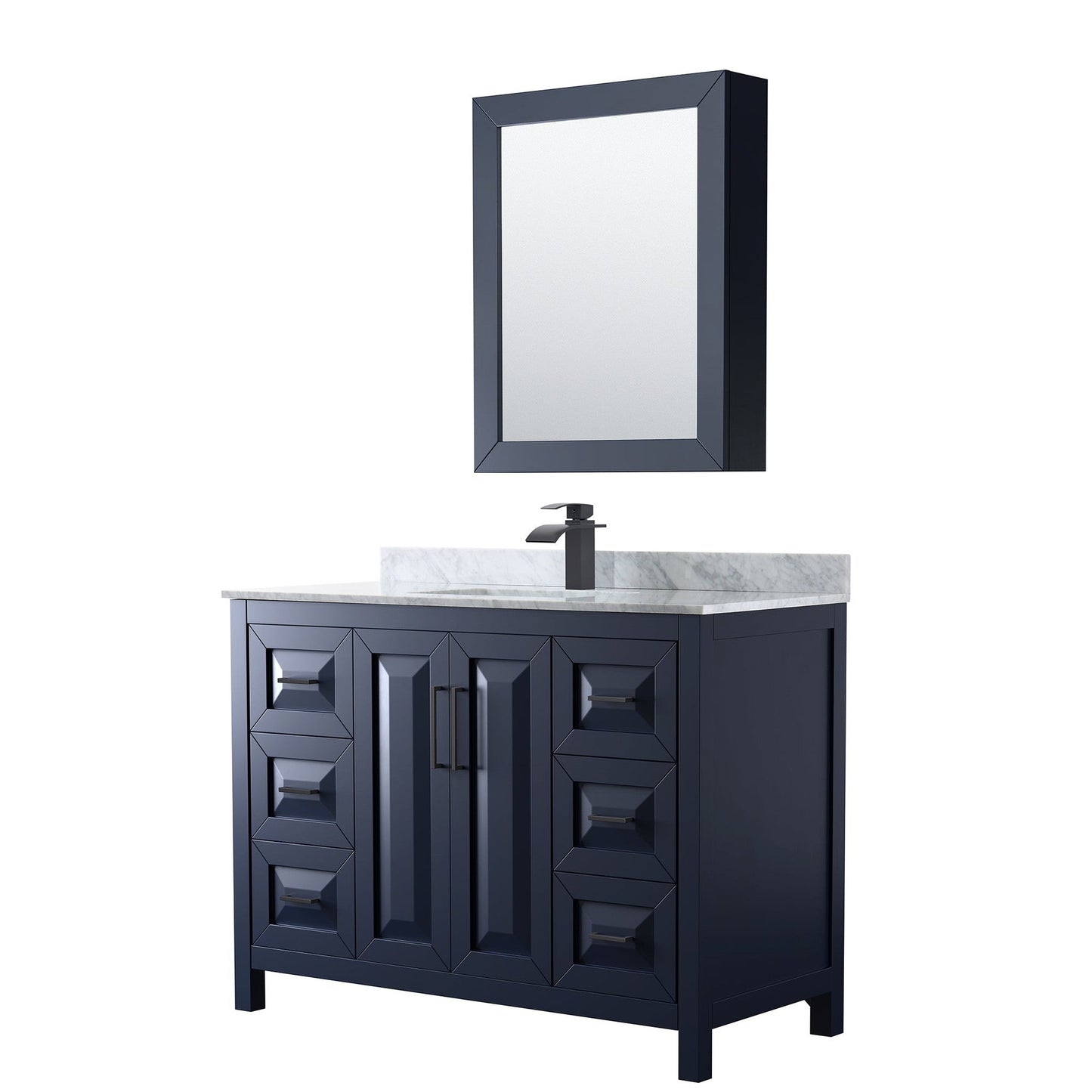 Wyndham Collection Daria 48" Single Bathroom Vanity in Dark Blue, White Carrara Marble Countertop, Undermount Square Sink, Matte Black Trim, Medicine Cabinet