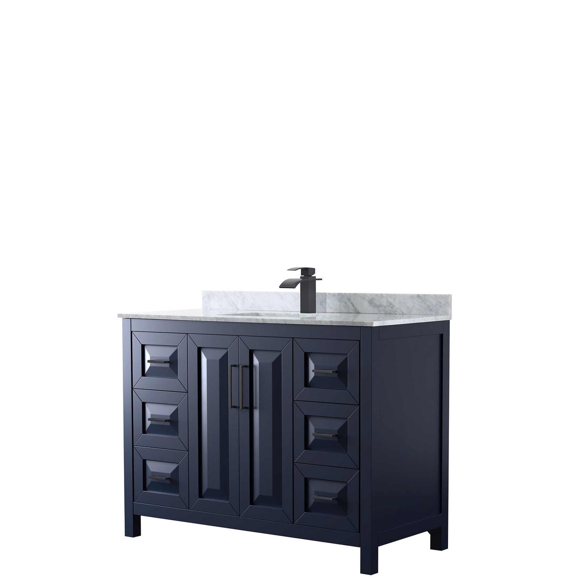 Wyndham Collection Daria 48" Single Bathroom Vanity in Dark Blue, White Carrara Marble Countertop, Undermount Square Sink, Matte Black Trim