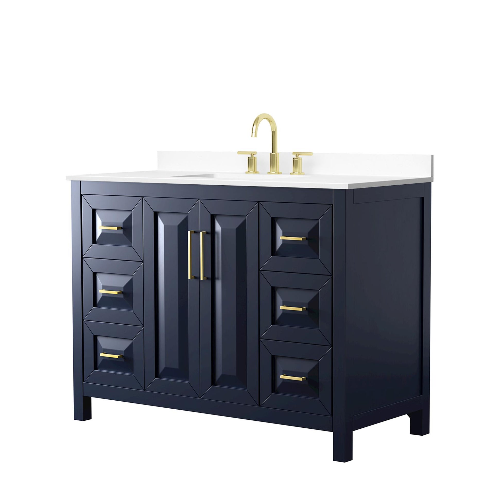 Wyndham Collection Daria 48" Single Bathroom Vanity in Dark Blue, White Cultured Marble Countertop, Undermount Square Sink (3-Hole), Brushed Gold Trim