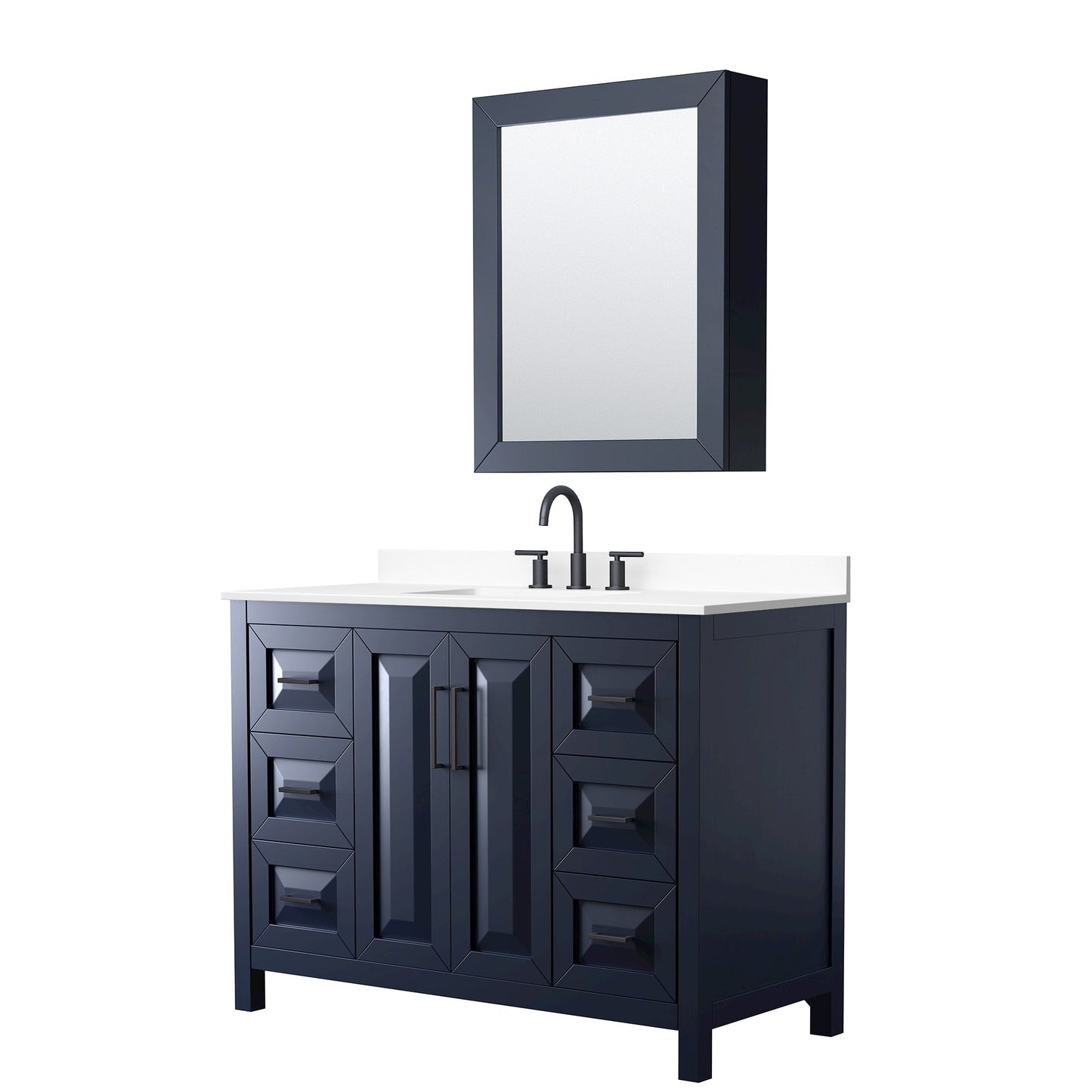 Wyndham Collection Daria 48" Single Bathroom Vanity in Dark Blue, White Cultured Marble Countertop, Undermount Square Sink (3-Hole), Matte Black Trim, Medicine Cabinet