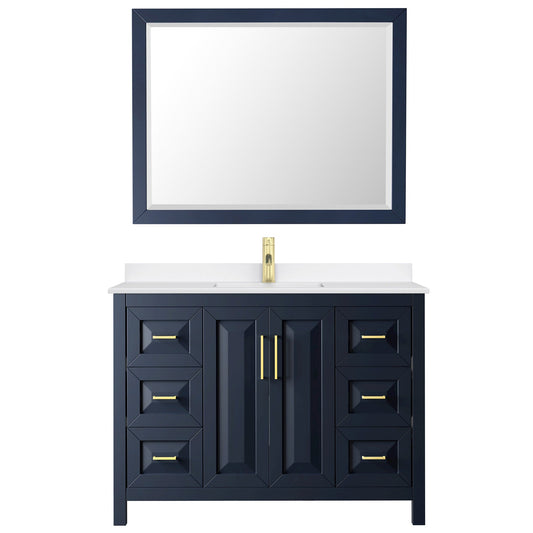 Wyndham Collection Daria 48" Single Bathroom Vanity in Dark Blue, White Quartz Countertop, Undermount Square Sink (1-Hole), Brushed Gold Trim, 46" Mirror