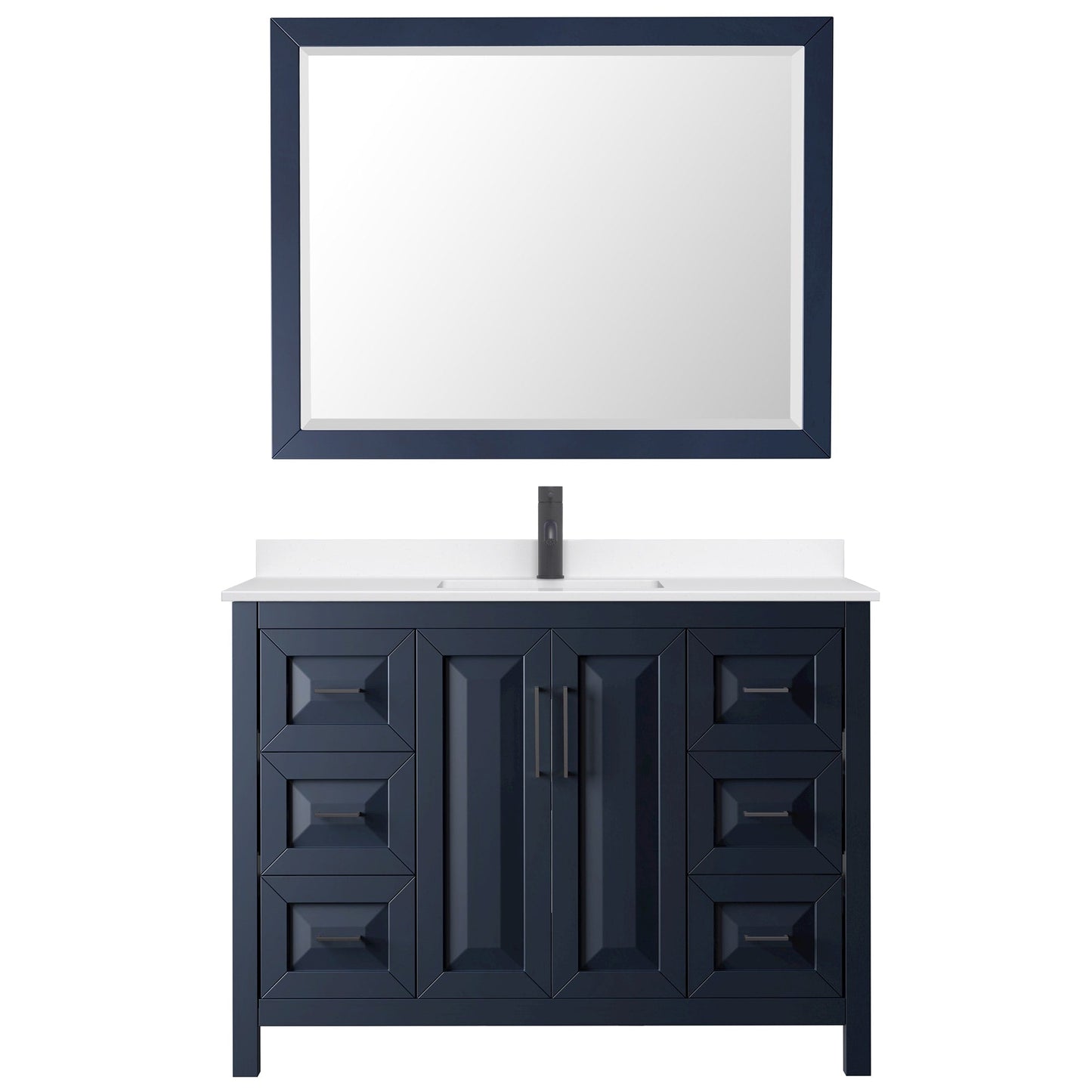 Wyndham Collection Daria 48" Single Bathroom Vanity in Dark Blue, White Quartz Countertop, Undermount Square Sink (1-Hole), Matte Black Trim, 46" Mirror