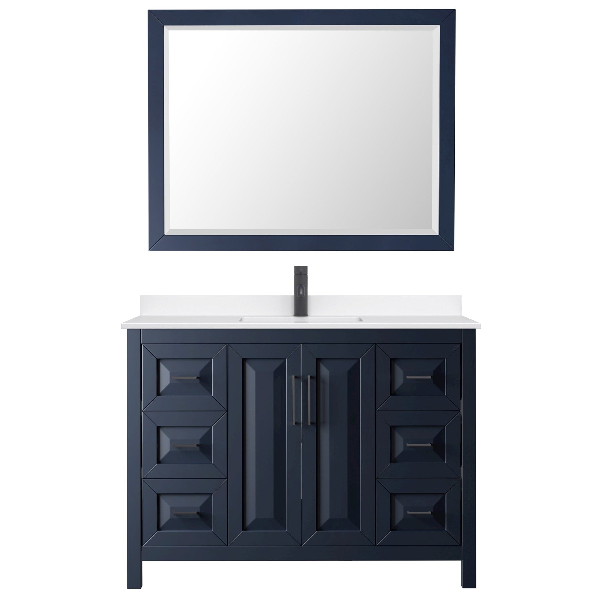 Wyndham Collection Daria 48" Single Bathroom Vanity in Dark Blue, White Quartz Countertop, Undermount Square Sink (1-Hole), Matte Black Trim, 46" Mirror