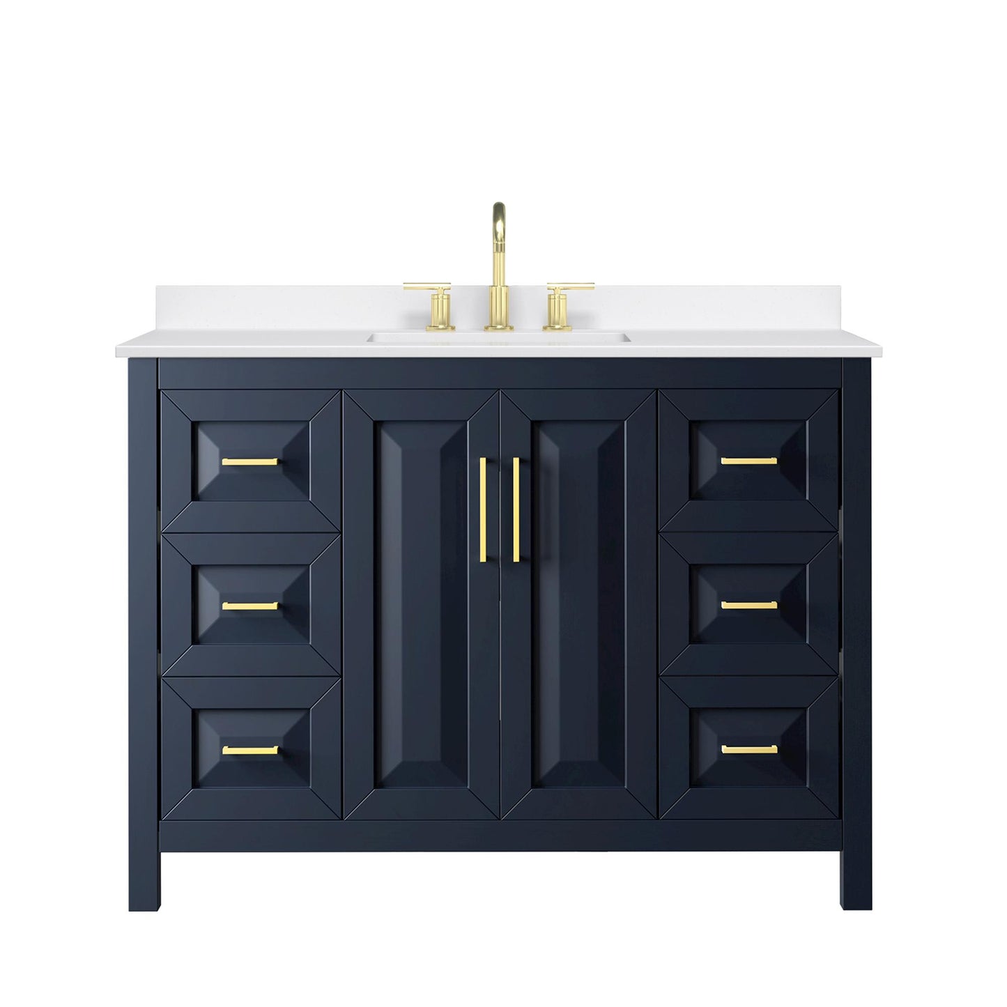 Wyndham Collection Daria 48" Single Bathroom Vanity in Dark Blue, White Quartz Countertop, Undermount Square Sink (3-Hole), Brushed Gold Trim