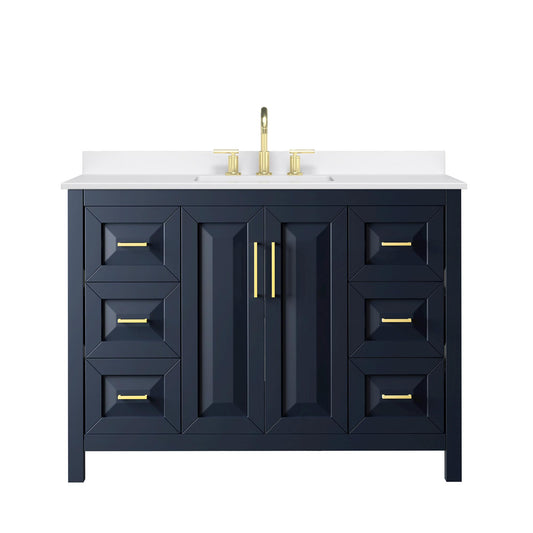 Wyndham Collection Daria 48" Single Bathroom Vanity in Dark Blue, White Quartz Countertop, Undermount Square Sink (3-Hole), Brushed Gold Trim