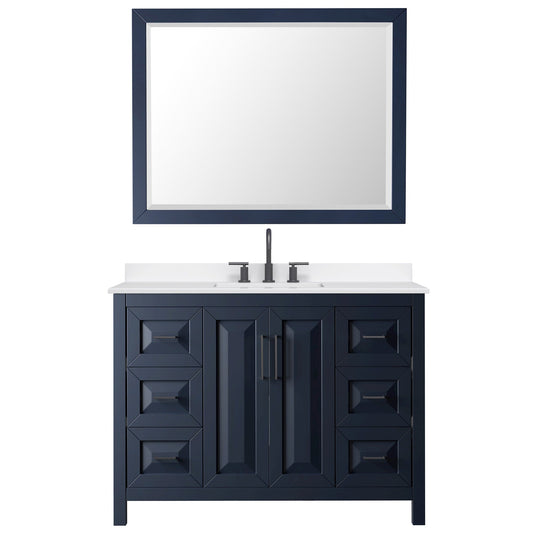 Wyndham Collection Daria 48" Single Bathroom Vanity in Dark Blue, White Quartz Countertop, Undermount Square Sink (3-Hole), Matte Black Trim, 46" Mirror