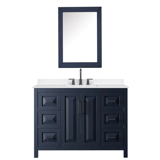 Wyndham Collection Daria 48" Single Bathroom Vanity in Dark Blue, White Quartz Countertop, Undermount Square Sink (3-Hole), Matte Black Trim, Medicine Cabinet