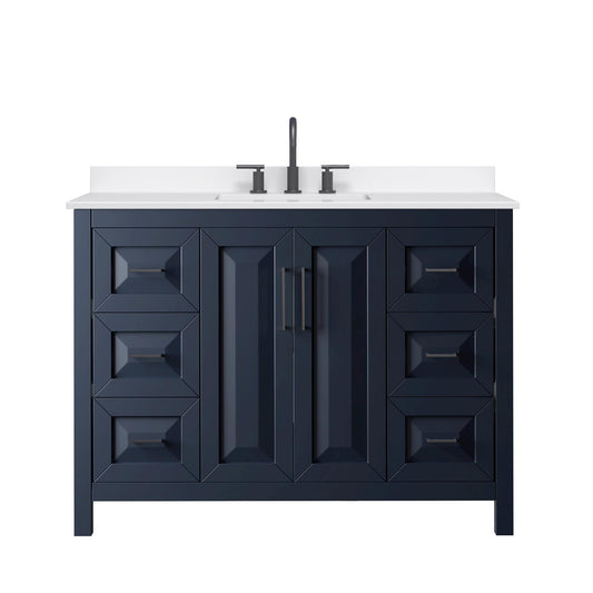 Wyndham Collection Daria 48" Single Bathroom Vanity in Dark Blue, White Quartz Countertop, Undermount Square Sink (3-Hole), Matte Black Trim
