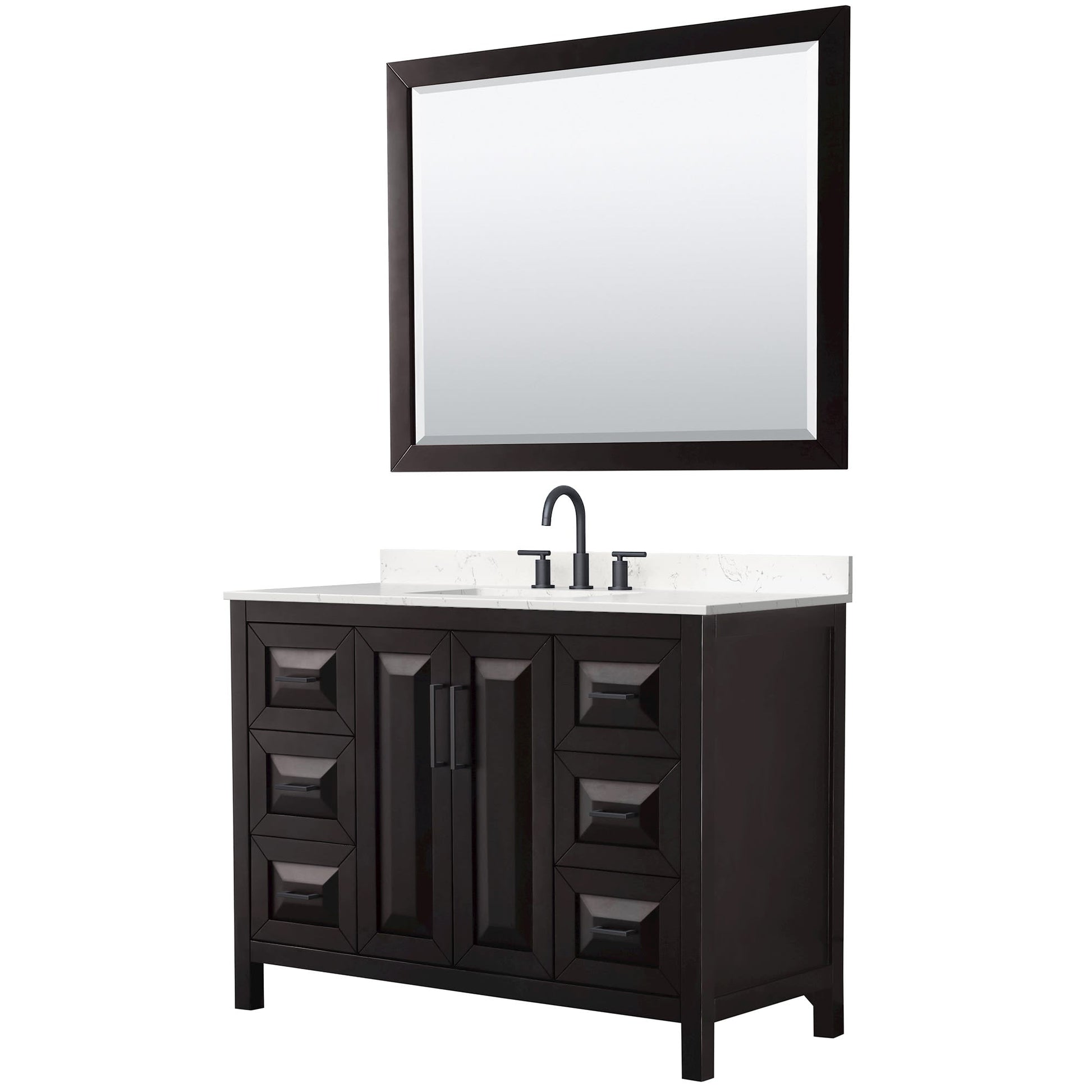 Wyndham Collection Daria 48" Single Bathroom Vanity in Dark Espresso, Carrara Cultured Marble Countertop, Undermount Square Sink (3-Hole), Matte Black Trim, 46" Mirror