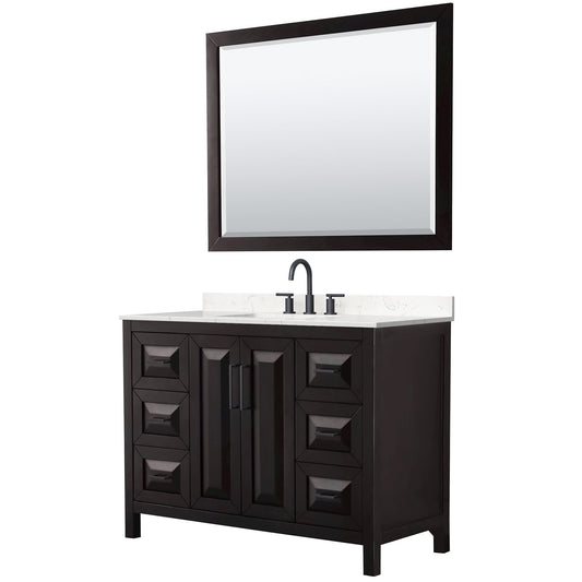 Wyndham Collection Daria 48" Single Bathroom Vanity in Dark Espresso, Carrara Cultured Marble Countertop, Undermount Square Sink (3-Hole), Matte Black Trim, 46" Mirror