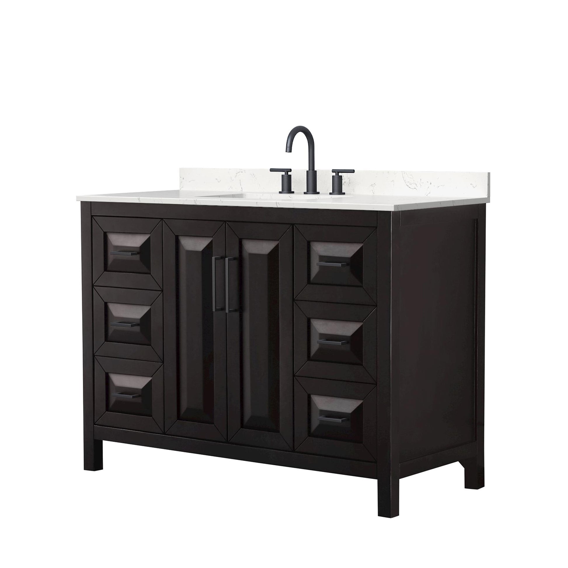 Wyndham Collection Daria 48" Single Bathroom Vanity in Dark Espresso, Carrara Cultured Marble Countertop, Undermount Square Sink (3-Hole), Matte Black Trim