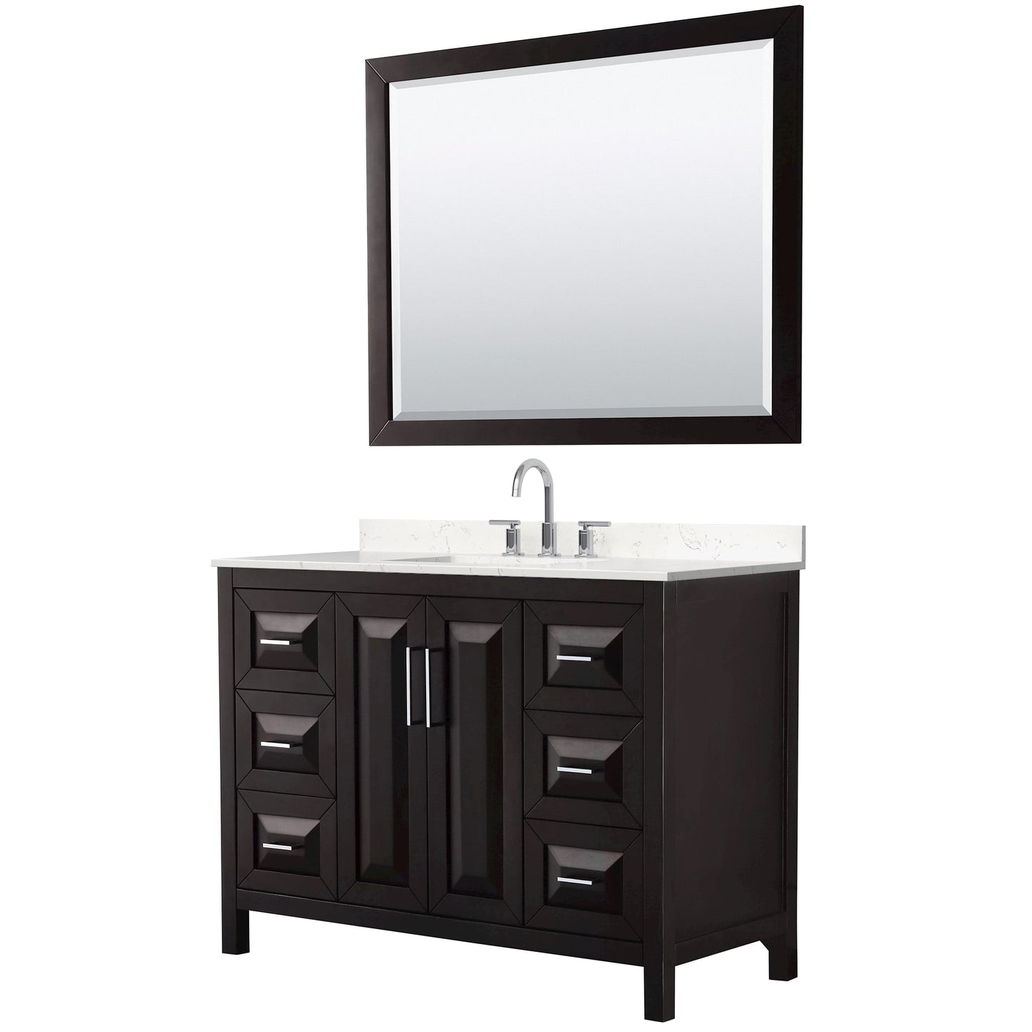 Wyndham Collection Daria 48" Single Bathroom Vanity in Dark Espresso, Carrara Cultured Marble Countertop, Undermount Square Sink (3-Hole), Polished Chrome Trim, 46" Mirror