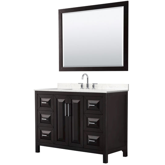 Wyndham Collection Daria 48" Single Bathroom Vanity in Dark Espresso, Carrara Cultured Marble Countertop, Undermount Square Sink (3-Hole), Polished Chrome Trim, 46" Mirror