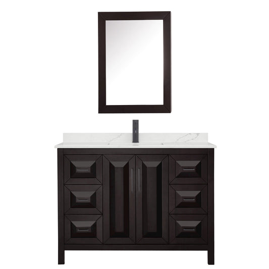 Wyndham Collection Daria 48" Single Bathroom Vanity in Dark Espresso, Giotto Quartz Countertop, Undermount Square Sink (1-Hole), Matte Black Trim, Medicine Cabinet