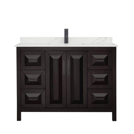 Wyndham Collection Daria 48" Single Bathroom Vanity in Dark Espresso, Giotto Quartz Countertop, Undermount Square Sink (1-Hole), Matte Black Trim