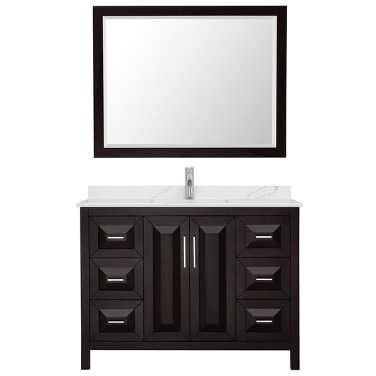 Wyndham Collection Daria 48" Single Bathroom Vanity in Dark Espresso, Giotto Quartz Countertop, Undermount Square Sink (1-Hole), Polished Chrome Trim, 46" Mirror
