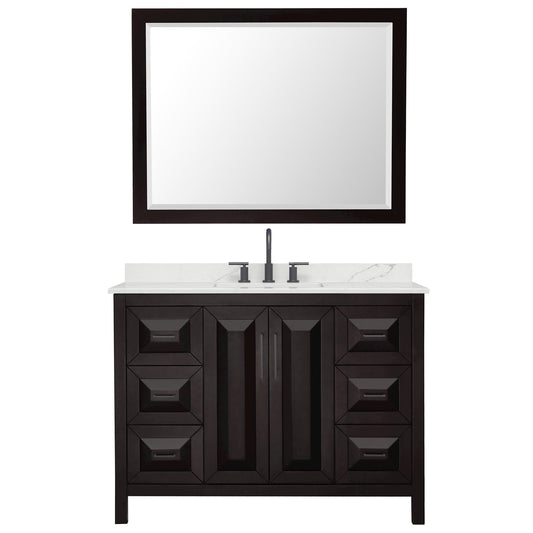 Wyndham Collection Daria 48" Single Bathroom Vanity in Dark Espresso, Giotto Quartz Countertop, Undermount Square Sink (3-Hole), Matte Black Trim, 46" Mirror