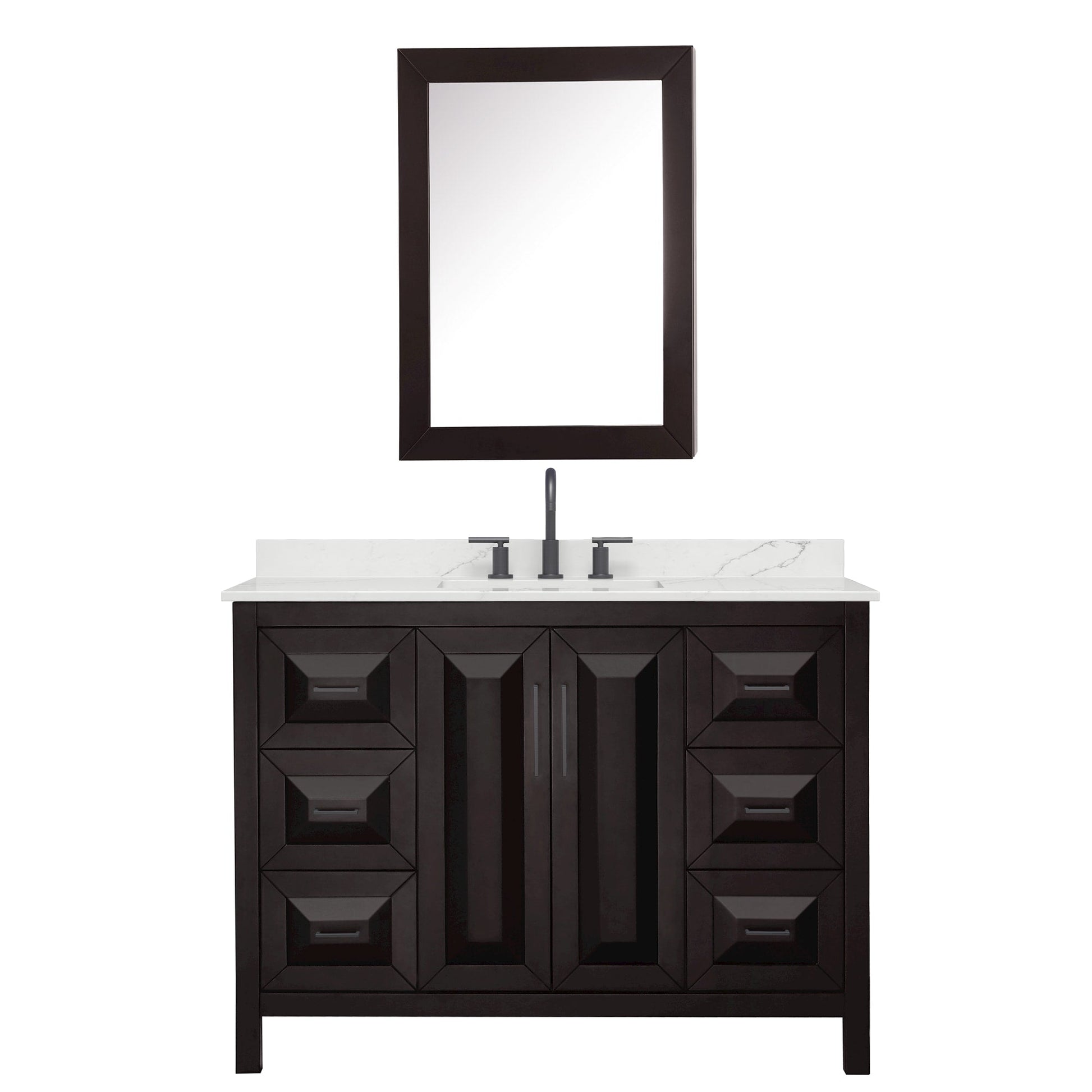 Wyndham Collection Daria 48" Single Bathroom Vanity in Dark Espresso, Giotto Quartz Countertop, Undermount Square Sink (3-Hole), Matte Black Trim, Medicine Cabinet