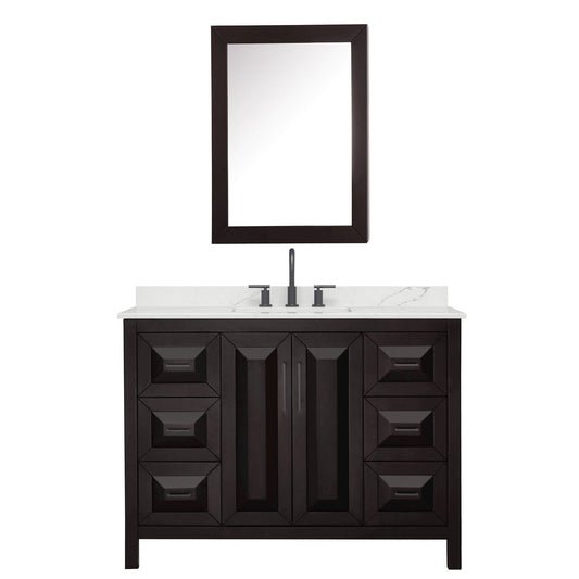 Wyndham Collection Daria 48" Single Bathroom Vanity in Dark Espresso, Giotto Quartz Countertop, Undermount Square Sink (3-Hole), Matte Black Trim, Medicine Cabinet