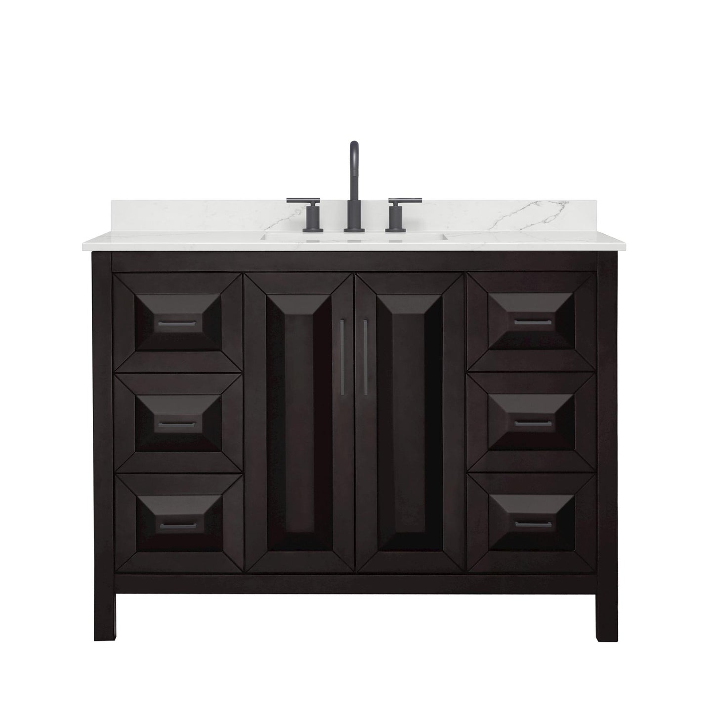 Wyndham Collection Daria 48" Single Bathroom Vanity in Dark Espresso, Giotto Quartz Countertop, Undermount Square Sink (3-Hole), Matte Black Trim