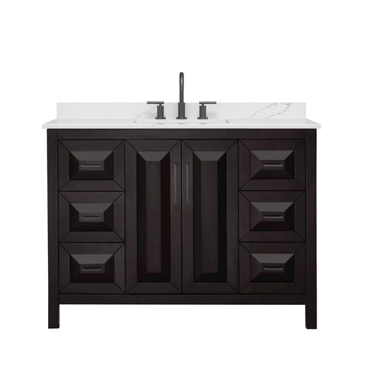 Wyndham Collection Daria 48" Single Bathroom Vanity in Dark Espresso, Giotto Quartz Countertop, Undermount Square Sink (3-Hole), Matte Black Trim
