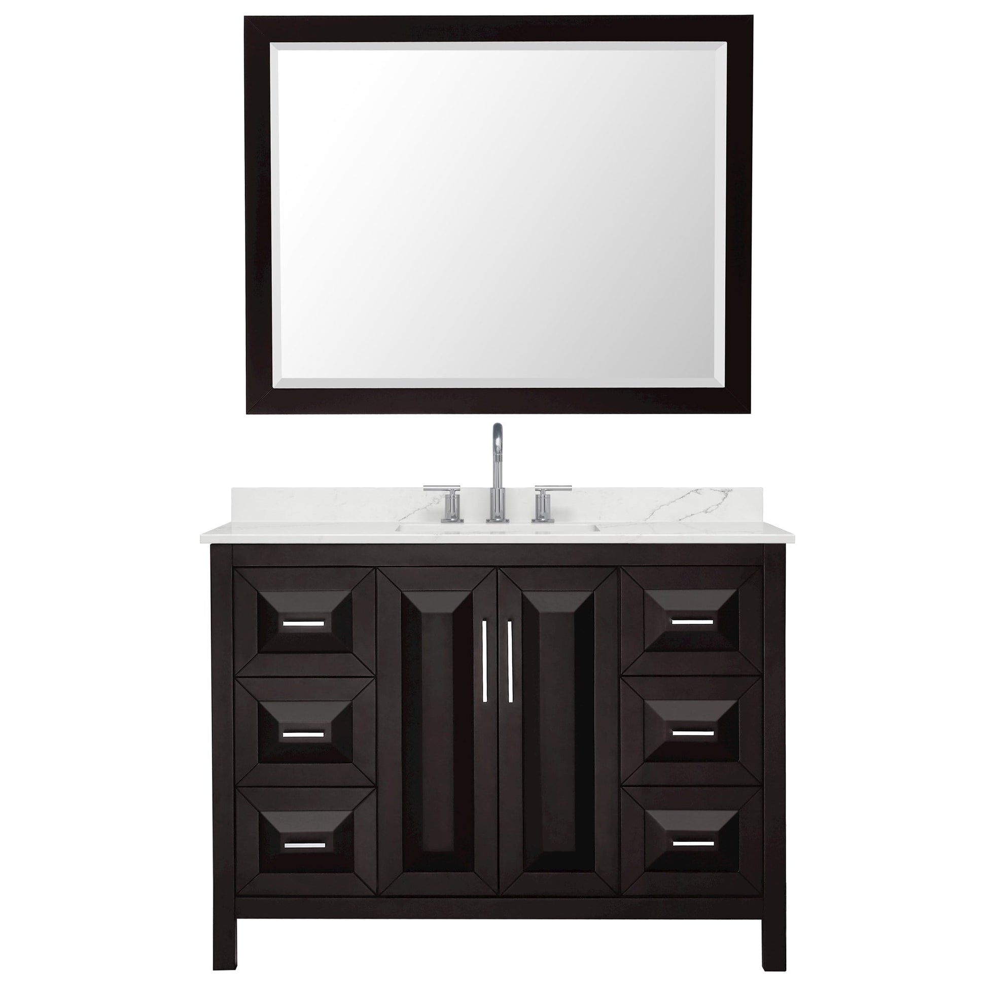Wyndham Collection Daria 48" Single Bathroom Vanity in Dark Espresso, Giotto Quartz Countertop, Undermount Square Sink (3-Hole), Polished Chrome Trim, 46" Mirror