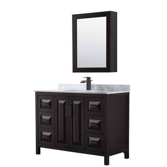 Wyndham Collection Daria 48" Single Bathroom Vanity in Dark Espresso, White Carrara Marble Countertop, Undermount Square Sink, Matte Black Trim, Medicine Cabinet