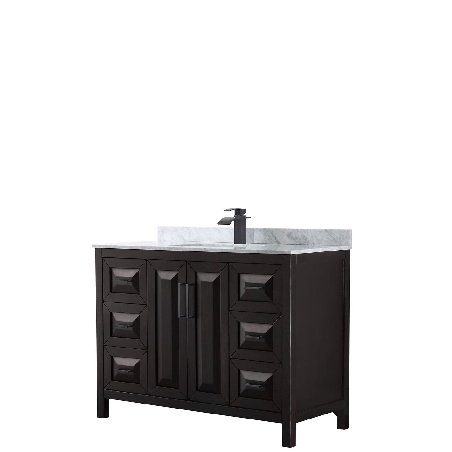 Wyndham Collection Daria 48" Single Bathroom Vanity in Dark Espresso, White Carrara Marble Countertop, Undermount Square Sink, Matte Black Trim