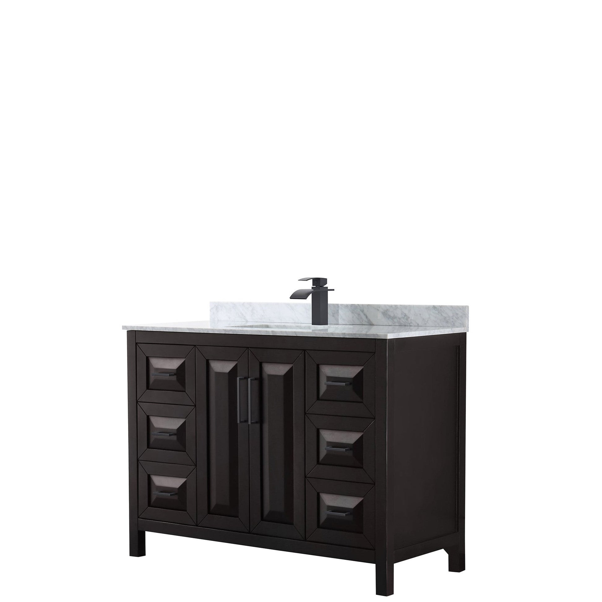 Wyndham Collection Daria 48" Single Bathroom Vanity in Dark Espresso, White Carrara Marble Countertop, Undermount Square Sink, Matte Black Trim