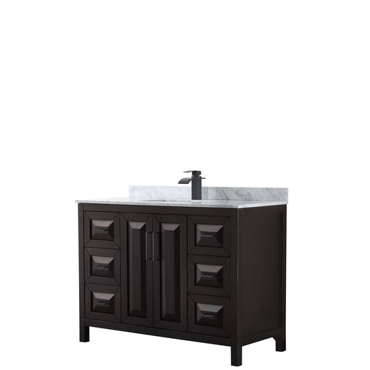 Wyndham Collection Daria 48" Single Bathroom Vanity in Dark Espresso, White Carrara Marble Countertop, Undermount Square Sink, Matte Black Trim