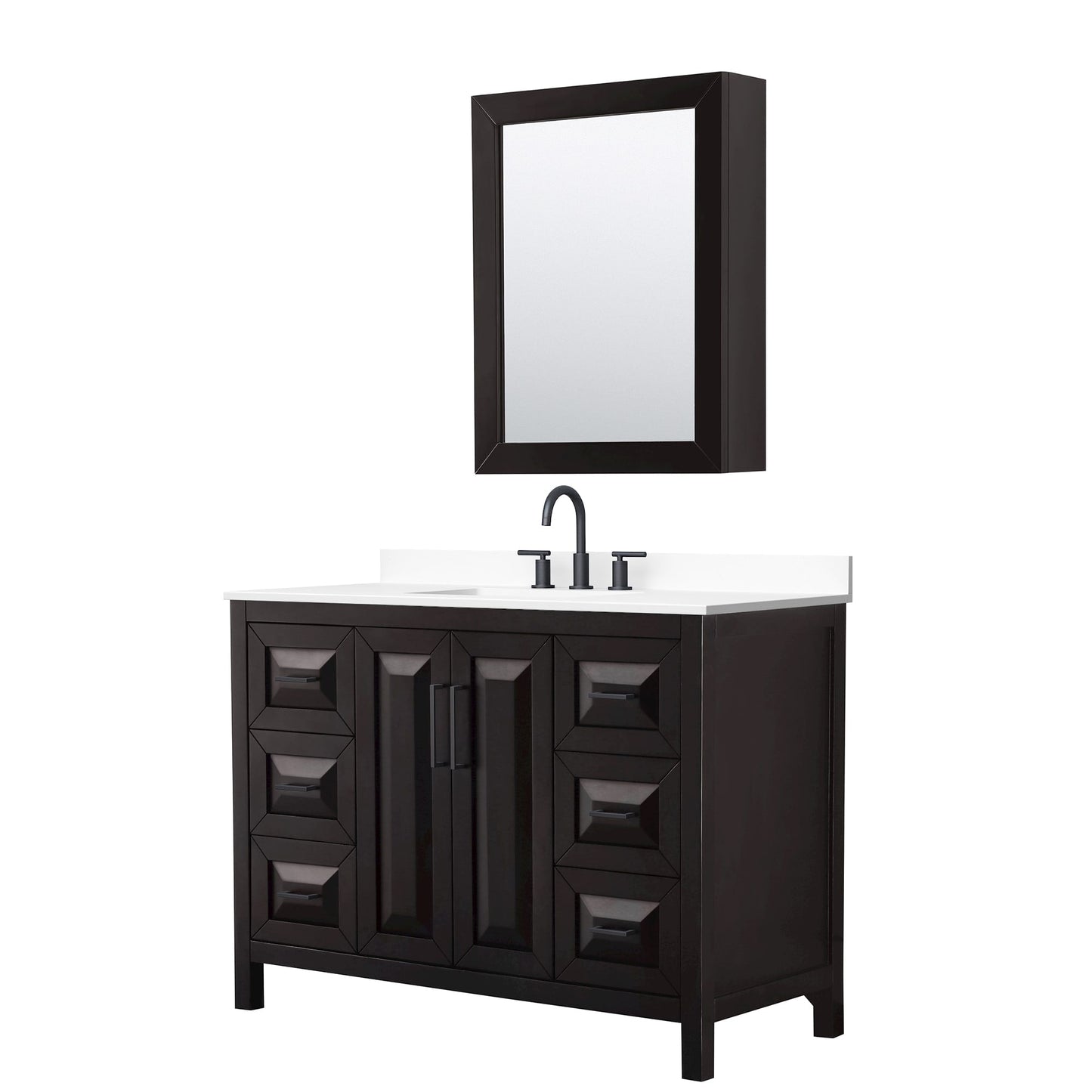 Wyndham Collection Daria 48" Single Bathroom Vanity in Dark Espresso, White Cultured Marble Countertop, Undermount Square Sink (3-Hole), Matte Black Trim, Medicine Cabinet