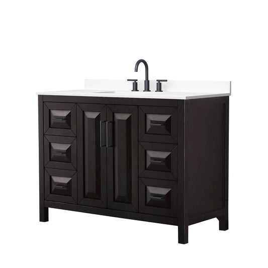 Wyndham Collection Daria 48" Single Bathroom Vanity in Dark Espresso, White Cultured Marble Countertop, Undermount Square Sink (3-Hole), Matte Black Trim