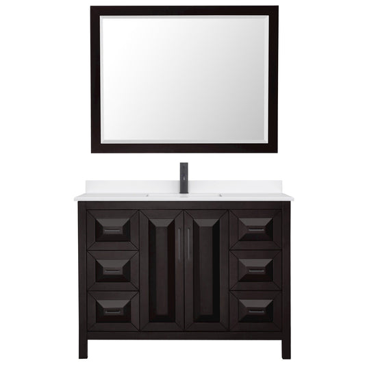 Wyndham Collection Daria 48" Single Bathroom Vanity in Dark Espresso, White Quartz Countertop, Undermount Square Sink (1-Hole), Matte Black Trim, 46" Mirror