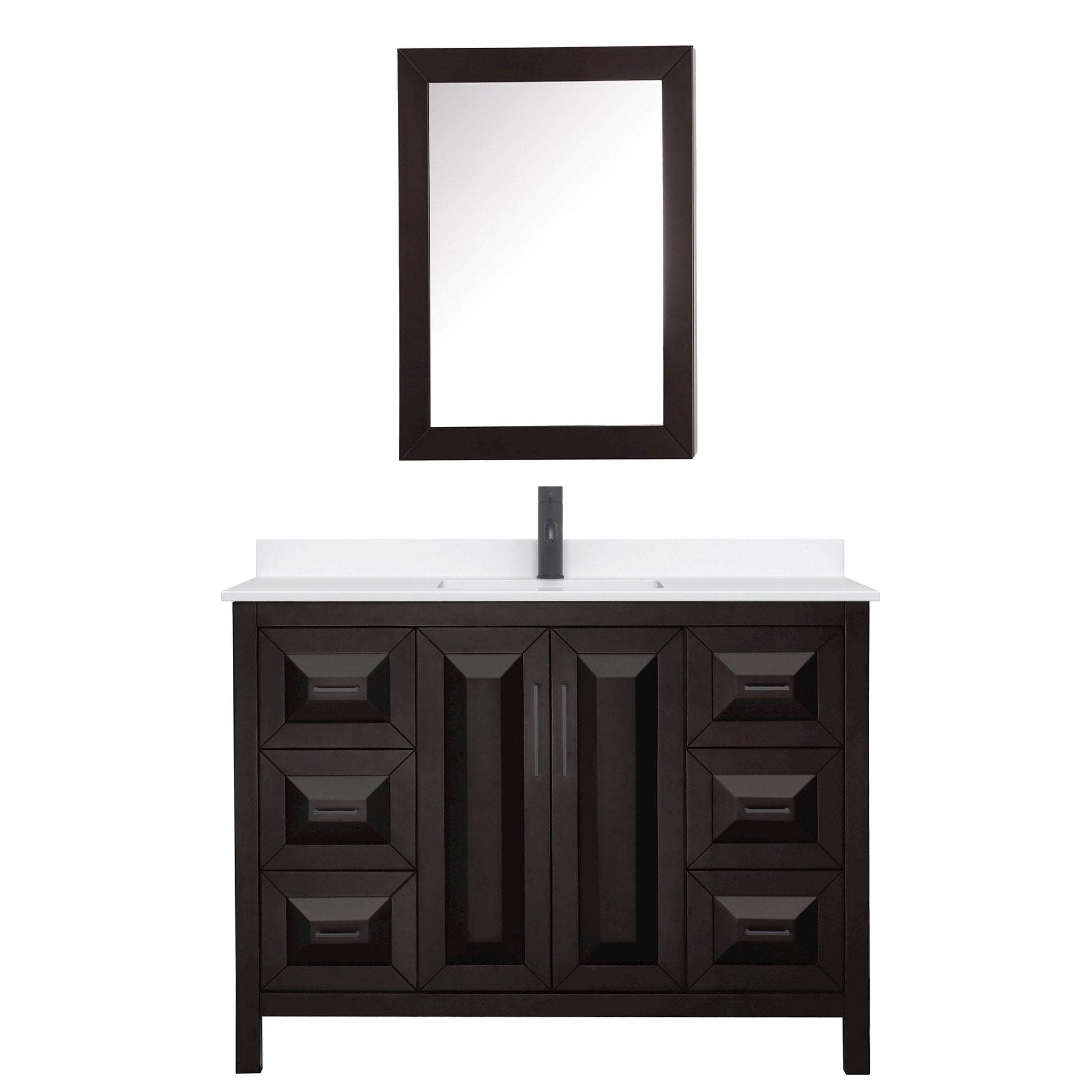 Wyndham Collection Daria 48" Single Bathroom Vanity in Dark Espresso, White Quartz Countertop, Undermount Square Sink (1-Hole), Matte Black Trim, Medicine Cabinet